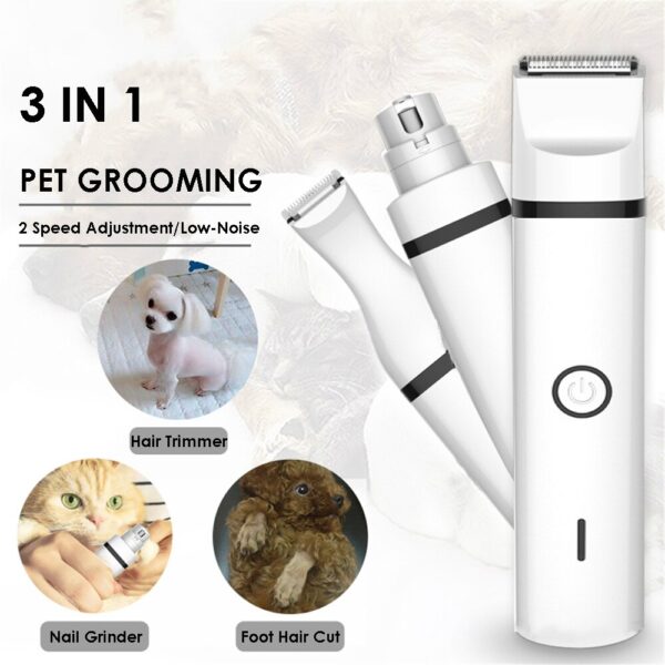 3-in-1 Pet Grooming Kit – USB Rechargeable Dog & Cat Hair Trimmer with Nail Grinder & Paw Clipper