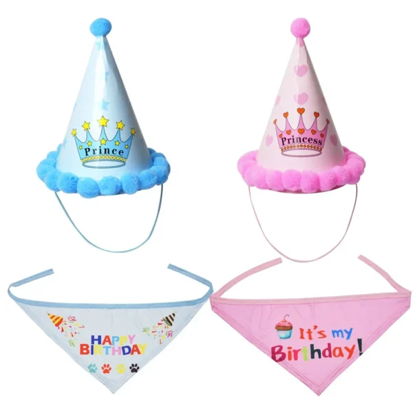 2Pcs/Set Dog Hat Bib Dog Birthday Bandana Scarf Adjustable Bandana Neckerchief Cat Dog Birthday Bib Hat Pet Supplies - Image 4